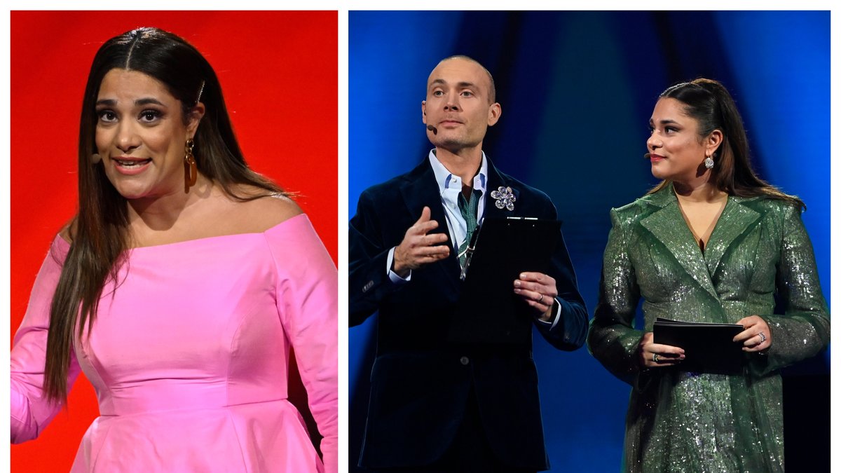 Farah Abadi och Jesper Rönndahl programleder finalen av Melodifestivalen 2023.